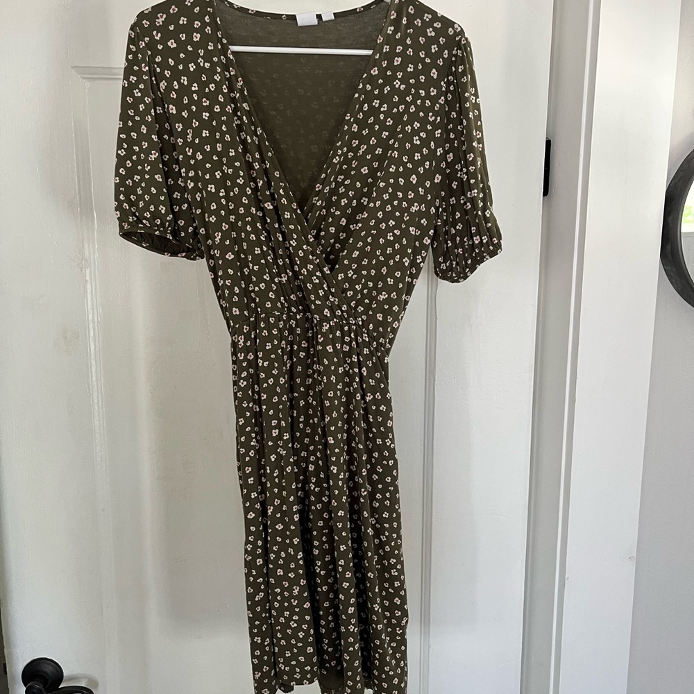 Olive Green Floral Wrap Dress